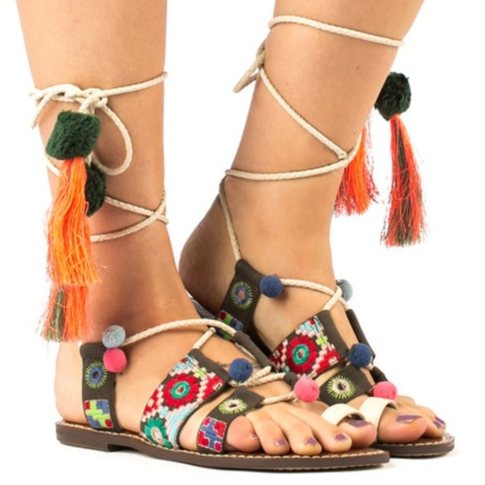 Sam Edelman Gretchen Boho Tassel Ankle Wrap Sandals SZ 8